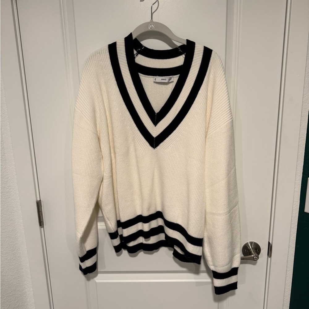 Mango Ivory V-Neck Sweater with Blue Stripes XXL